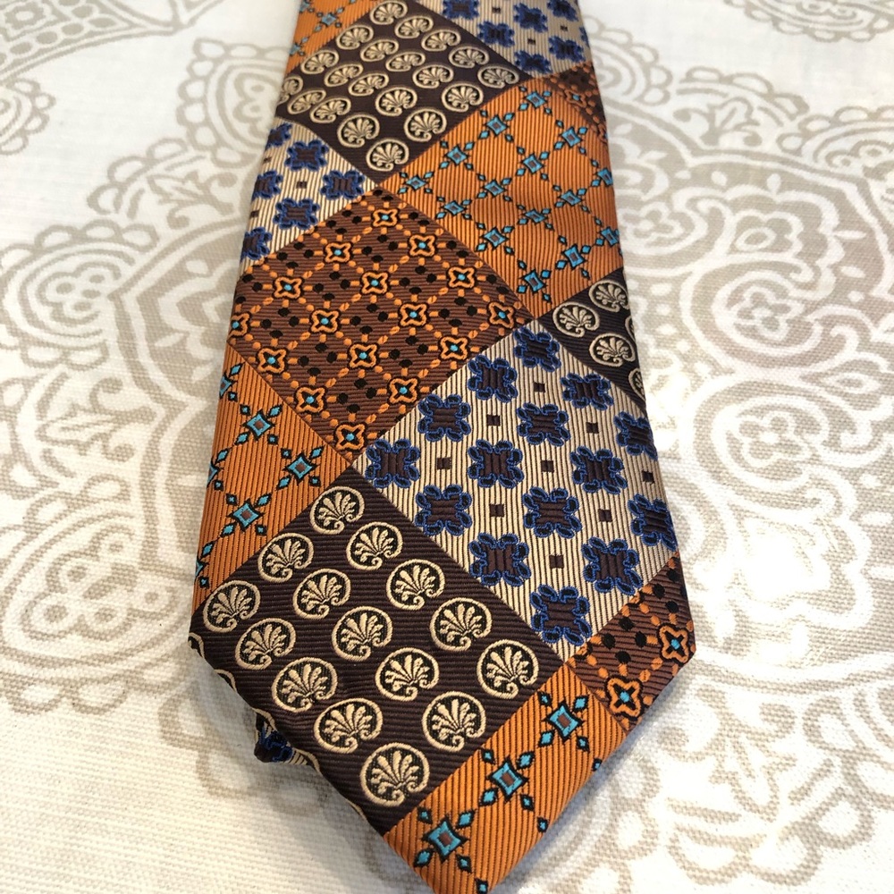 Henri Picard Blue Gold Patchwork Tie